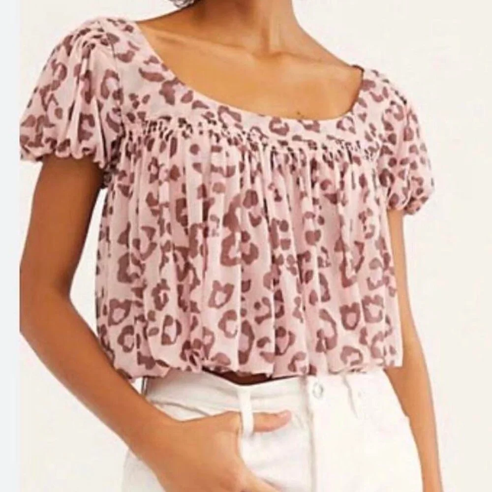 Free People Meg's Blouse Pink Leopard Cropped Mesh Pleated Safari Boho Chic M
